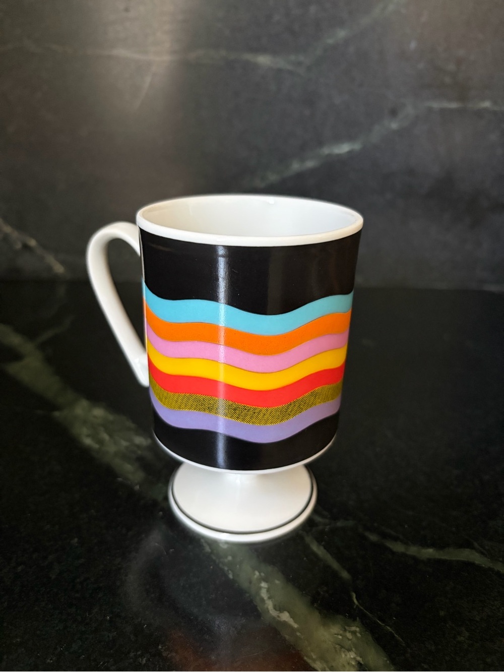 1970s Colorful Wave Pattern Ceramic Pedestal Mug - Black Rainbow